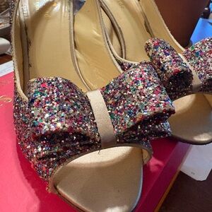 Glitter Bow Peep-Toe Heels